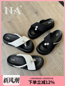 NA Thick Heel Sandals Womens Summer New Heightening Water Diamond Buckle Toe Beach Shoes Outdoor Slippers Casual Loafers