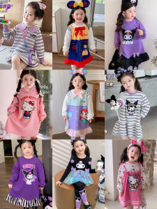 Girls Long Sleeve Midi Hoodie Dress Cat Cartoon Print Autumn Winter Fashionable Kids Clothing Cotton Polyester Blend Skirt