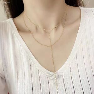 สร้อยคอเพชรแฟชั่นสำหรับผู้หญิง ดีไซน์เรียบง่าย 2 ชั้น สร้อยคอโซ่กระดูกไหปลาร้า โลหะผสม โซ่แบบปรับความยาวได้ 21-50 ซม.