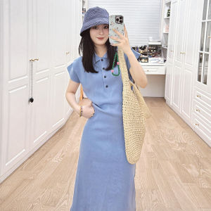 SENWA | French Style Blue Polo Dress Waist Defining Long Skirt