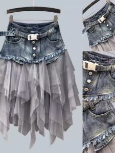 High Waist Slim Fit Denim Skirt with Mesh Splicing for Women Dongda Gate 2025 Autumn Summer New Style Korean Version Button Detail