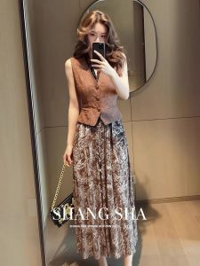 SHANGSHA | Summer Elegant Intelligent Matching Vest Floral Dress Set
