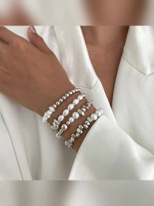 KunJoe 4 Cái/bộ Thanh Lịch Nhiều Lớp Giả Ngọc Trai Vòng Tay Cho Nữ Retro Không Đều CCB Đính Hạt Dây Chuyền Trang Sức Hợp Thời Trang