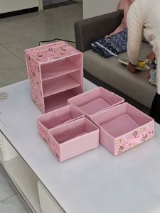กล่องเก็บเสื้อผ้าเด็ก กล่องใส่ชุดชั้นในแบบตู้สำหรับเด็ก กล่องใส่รองเท้า ช่องจัดระเบียบ 4 ช่อง กล่องเก็บของผ้าฝ้ายลายดอกไม้