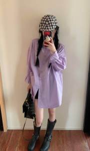 เสื้อเชิ้ตแขนยาวทรงหลวมสไตล์ลำลองสำหรับผู้หญิงในช่วงฤดูใบไม้ผลิและฤดูร้อนปี 2023 สีม่วงอโวคาโด