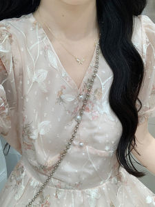 New Chinese Style Embroidered Floral Dress Women Summer High End V Neck Waist Cinched Beautiful Gentle First Love Long Dress