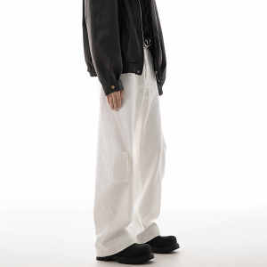 กางเกงยีนส์ทรงหลวมขาตรงสำหรับใส่ทำงานสำหรับผู้ชาย สไตล์ฤดูใบไม้ร่วง สีขาว ทรงสลิมฟิต กางเกงขายาวทรงสปอร์ตสำหรับใส่ไปทำงาน