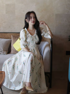 Summer Overture Yumomo Pure Cotton Print Waist-Cinching Long Dress Fashionable Doll Shirt Commute Style Short Sleeve Floral Dress