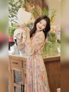 Dress motif bunga lengan panjang ala Korea/Maxi Dress sifon vintage