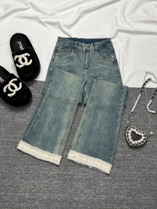 High Waist Slimming Stretchy Lace Trim Micro Flared Jeans Womens New 2025 Autumn High Waist Bell Bottom Casual Denim Pants