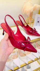 Giày max nơ đỏ HALEY STORE cao gót 7cm bít mũi đính nơ đỏ gót nhọn quai kéo tiểu thư cô dâu đi tiệc chơi lễ chụp hình