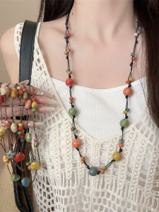 Colorful Long Ceramic Sweater Chain Womens Dopaamine Layered Necklace Beach Skirt Matching Accessory Fashionable Jewelry