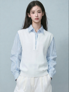 Design Splicing Fake Two Piece Knit Top Women Loose Fit Slimming
