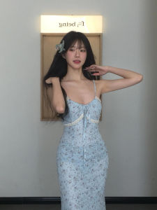 STAZF7 French V-neck Floral Lace Splice Summer Vacation Long Dress Womens plus Size Midi Skirt Style Commute Korean Version