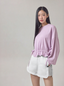 Drawstring Loose Long Sleeve Drop Shoulder Puff Sleeve T-Shirt