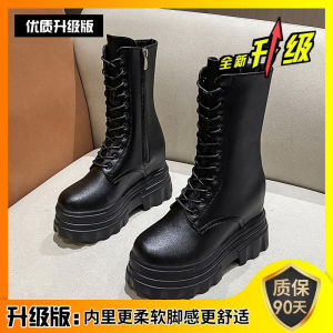 Womens Mid-Calf Martin Boots Autumn Winter New Style Inner Heightening British Style Thick Bottom Knight Boots Waterproof Platform round Toe Glue Worn Leather