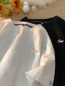 Cartoon Print Cotton Linen Short Sleeve T-Shirt Women Summer Loose Base Layer Top Slimming Large Size Linen Half Sleeve