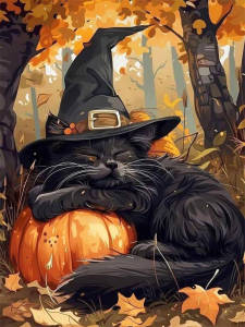 Huacan Halloween Diamond Painting Spooky Black Cat Pumpkig Full Drill Mosaic Embroidery Complete Kit Wall Art