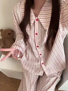 Spring Autumn French Striped Sleepwear Woman Long Sleeved Pajamas Set with Cloud Cotton Gauze Loose Home Wear Large Size Pijama Set
