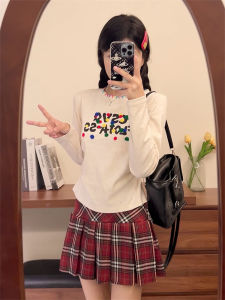 Color Flocking Letters Long Sleeves T-Shirt Women Early Autumn Thin Shoulder Sweet Spicy Slim Looking Single Wear Short Tops Women