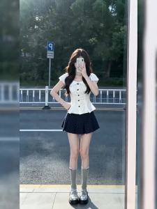 NIUVIES | Bộ Đầm Nơ Cổ Dây Kéo Tay Puff Chấm Bi Cho Phụ Nữ