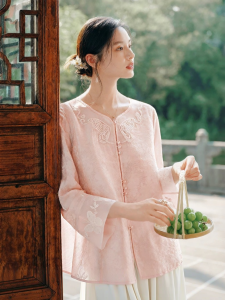XIANGYING | Chinese Style Embroidery Pink Blouse Thin Cardigan Womens Shirt