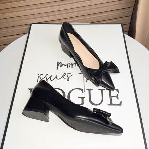 French Commuter Butterfly Knot Slip-On Work Thick Heel High Heels Womens New 2025 Black Pointed Toe Single Shoes Fashionable