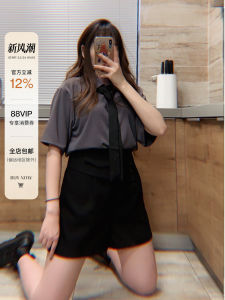 Hebenv Style Short Skirt with Tie French Elegant Womens Shirt Set Slimming Autumn Collection Straight Cut Long Sleeve Polo Collar