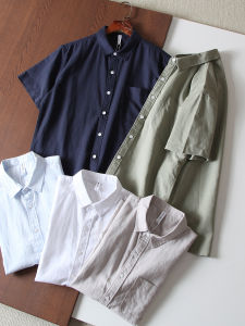 Artistic Retro Mens Short Sleeve Shirt Cotton Linen Breathabhable Comfortable Summer Clothing Standard Fit Pure ColorButton up