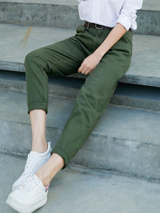 Military Green Casual Straight Leg Workwear Pants Womens Loose Tapered Harlan Carrot Shape plus Size Spring Autumn Cotton Blend