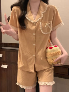 Womens Cotton Pajamas Short Sleeve Summer Home Clothes Set Sweet Cute Style Print Pattern Short Pants Elastic Waistband