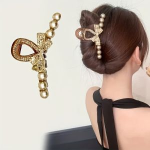 เครื่องประดับผมสีน้ำตาลกาแฟสไตล์วินเทจที่สง่างาม1ชิ้นพร้อมไข่มุกเทียมและกิ๊ฟหนีบผมเพชรไรน์-ไดมอนด์เครื่องประดับผมของผู้หญิง