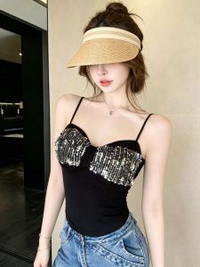 GUZILIAN | Glittery Black Figure-Hugging Sleeveless Top