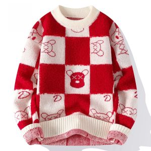 ROMON | Romon Mens Knitted Sweater Round Neck Winter Fashionable Thickened Long Sleeve Casual Wear Dragon Year New Year Red Color