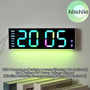 11 Inch RGB Large Digital Wall Clock with 9 Colors Mood Light 2 Alarm Timer DST Table Clock 12/24H 10-Level Brightness LED Clock
