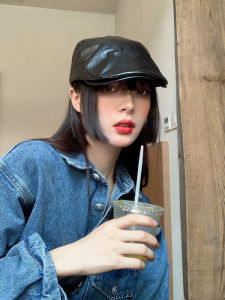 Black Leather Beret Hat Womens Summer Korean Version Personality Retro British Style Forward Cap Autumn Winter Painter Hat