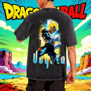 Bandai | Dragon Ball Vegeta Super Race Elements Washed Short Sleeves Battle Form Old Loose Style T-Shirt Summer Mens and Womens Tops