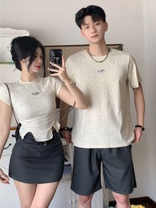 Couples Summer Fashion Short Sleeve T-Shirt Set One Long One Short Trendy Design Slimming Effect Korean Style Casual Wear