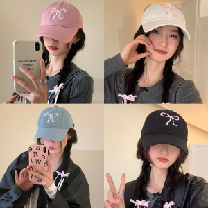 หมวกเบสบอล Ins Bow สำหรับผู้หญิง หมวกทรงปีกกว้างสไตล์หวาน หมวกบังแดดน่ารัก