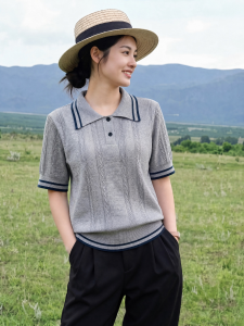 Basic House | Gray Hollow Out Wool Short Sleeve Knit Polo Shirt