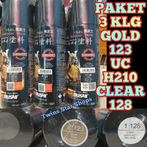 Samurai Paint Paket 3 Kaleng Pilok Pilox Cat Semprot Samurai Paketan Lengkap Emas Gold 123 Epoxy Surfacer UC H210 Clear Pernis Glossy 128 400ml