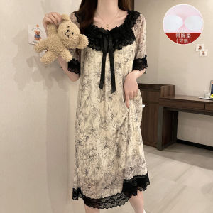 Lace Sleep Dress Women Summer Short Sleeve Princess Style with Chest Pad plus Size Home Clothes Comfortable Polyester Fabric