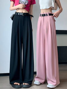 กางเกงขากว้างเอวสูงสีชมพูทรงฟอร์มลูกแพร์สำหรับผู้หญิงในช่วงฤดูร้อนปี 2025 กางเกงขายาวทรงหลวมสไตล์ไฮเอนด์สำหรับใส่ไปทำงาน