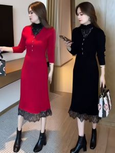 Fashionable Lace Knitted Dress Womens Long Dress Spring Autumn New Style Anti-Aging Stylish Base Layer Sweater Dress