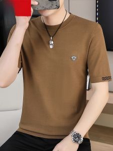 HENGYUANXIANG | Hengyuanxiang Mens Knitted Short Sleeve T-Shirt New Summer Ice Silk Cool Feeling Casual High End Rhinestone Round Neck Body Shirt