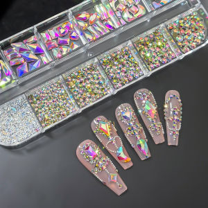 12Grids 3D Mixed Shapes AB Crystal Nail Art Rhinestones Iridescent FlatBack Gemstones Nails Charms for DIY Manicure Decorations
