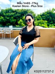 Black Polka Dot Mesh Patchwork Short Sleeve Blouse (KS25112737-2)-Big Size (50-85kg)