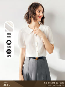 Acetate White Short Sleeve Career Shirt for Women Doll Collar French Style Top Casual Straight Leggings Pure Color Summer Design