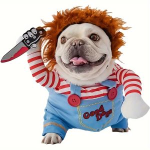 Halloween Pet Dog Clothes Transformed Pet Apparel and Wig for Holiday Party Pet Supplies Funny Bloody Doll With Knife Dog Costum