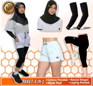 Set pakaian olahraga wanita - celana pendek wanita - celana olahraga cewek - hijab olahraga - manset tangan olahraga